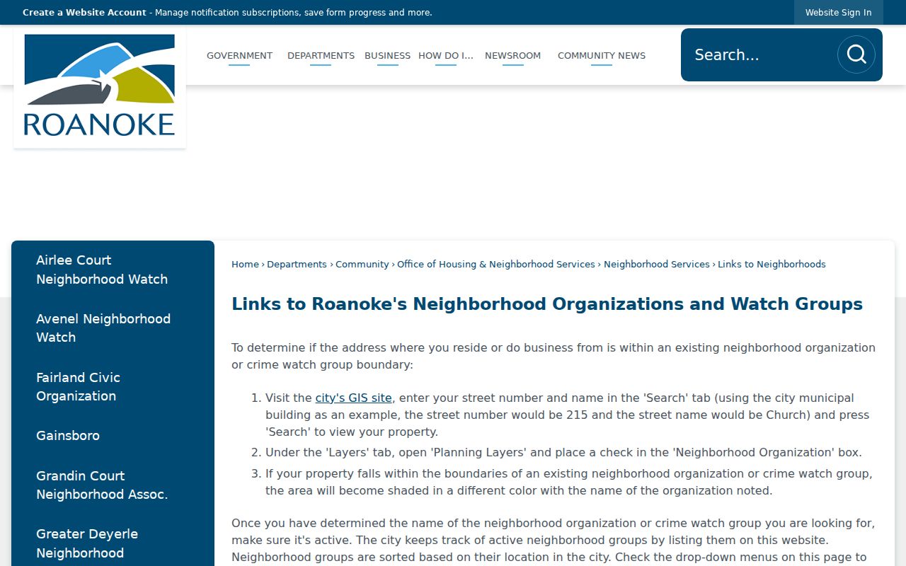 Roanoke neighbors neighborhood organization layer and association links