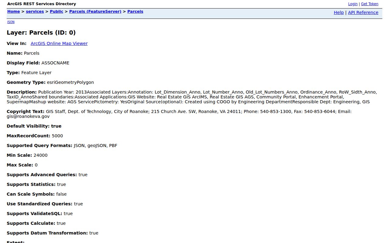 Roanoke neighbors parcel service showing block tax ID and situs fields