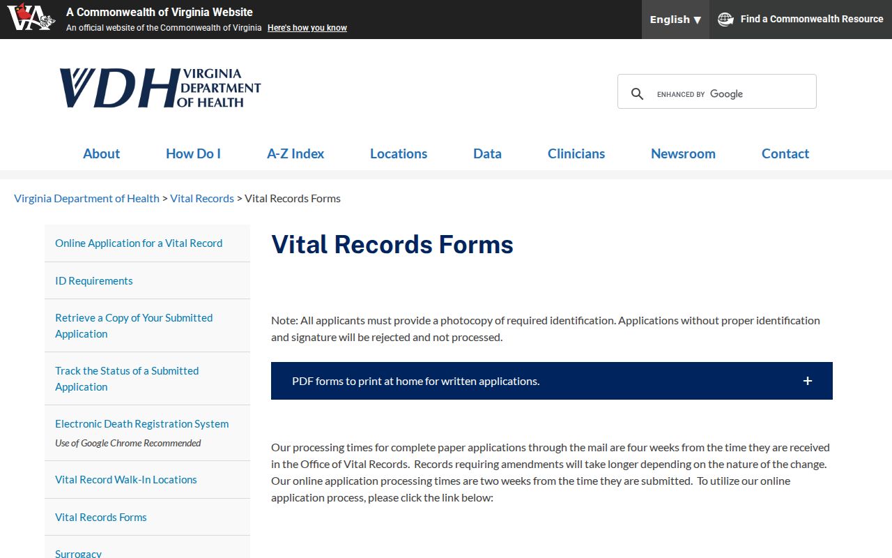 Roanoke resident lookup Virginia vital records forms