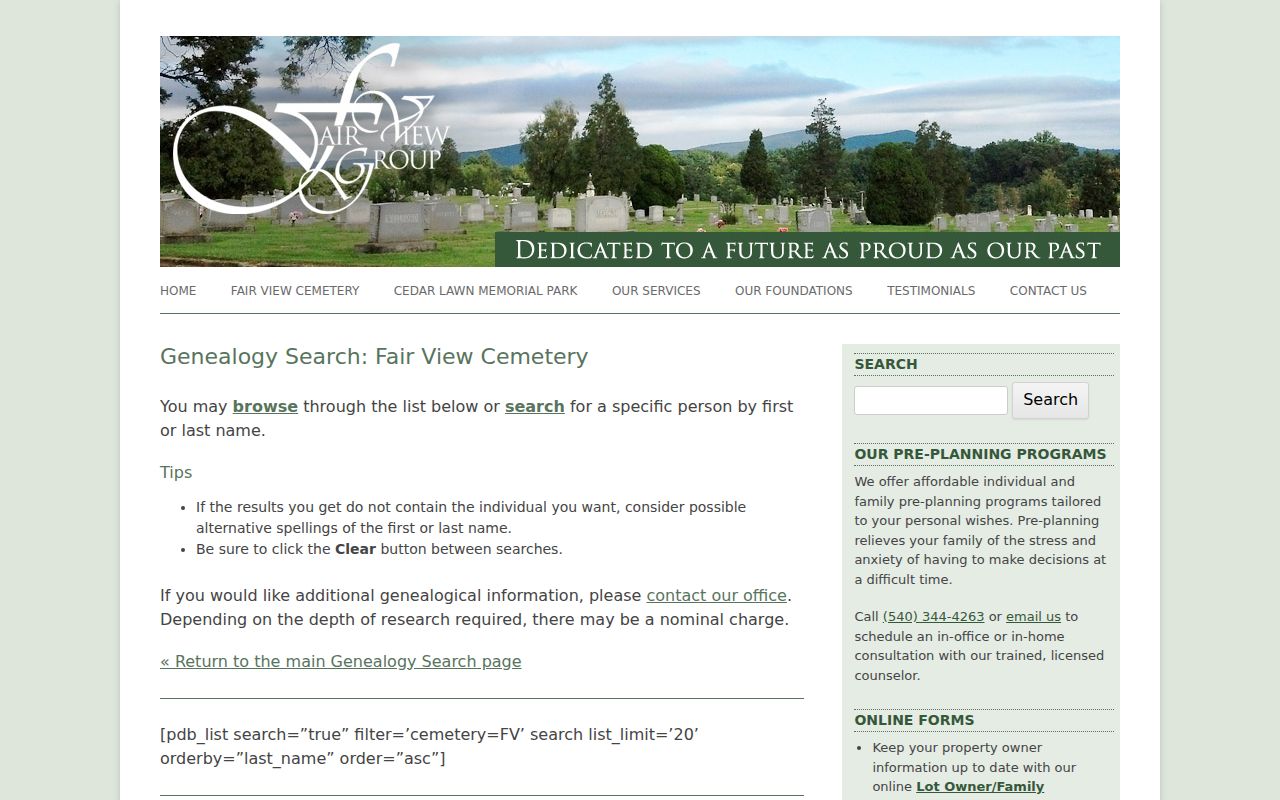 Roanoke residents directory Fair View cemetery name search