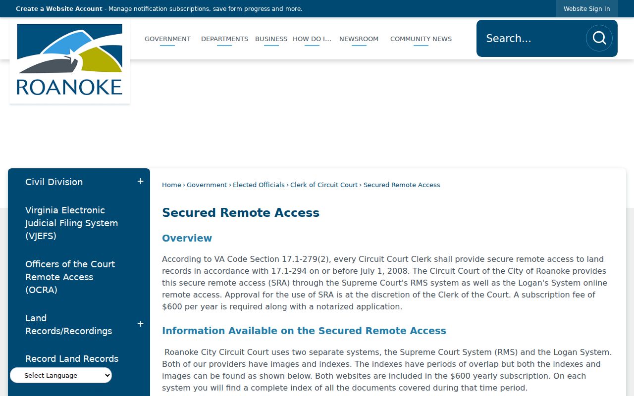 Roanoke street directory Clerk land-record and SRA coverage information
